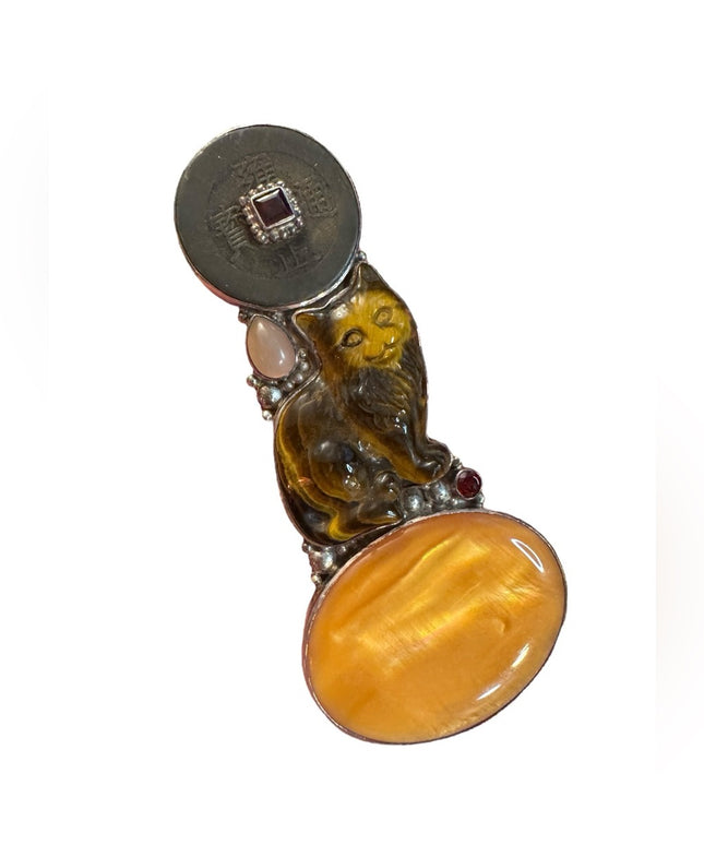 Vintage Sajen Tuger Eye Gemstone Cat Kitty garnet Brooch pendant sterling silver