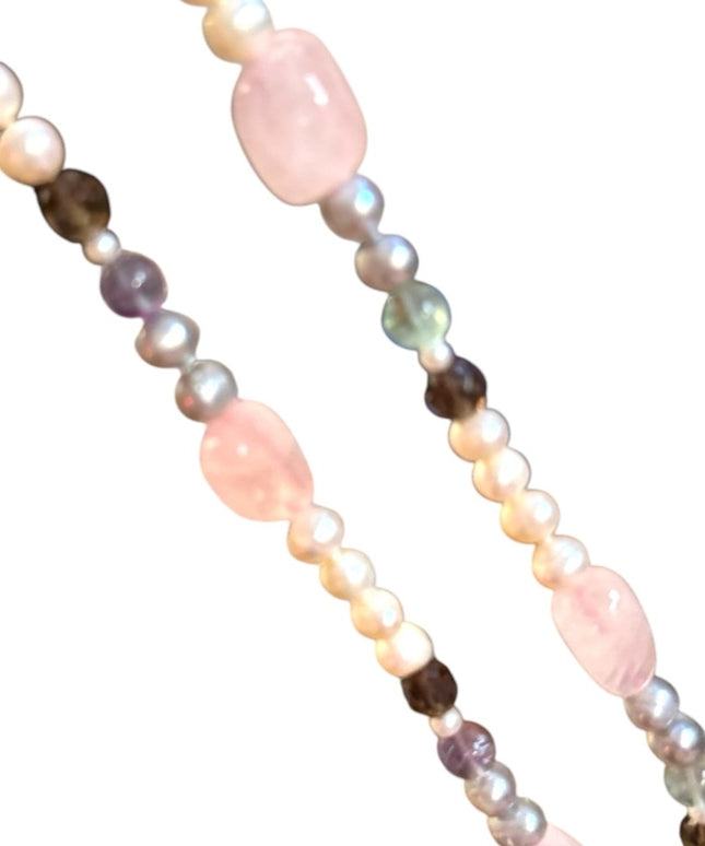 Elegant FW Pearl Rose Quartz Fluorite Cryetal Multicolor Beaded Necklace