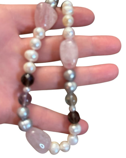 Elegant FW Pearl Rose Quartz Fluorite Cryetal Multicolor Beaded Necklace