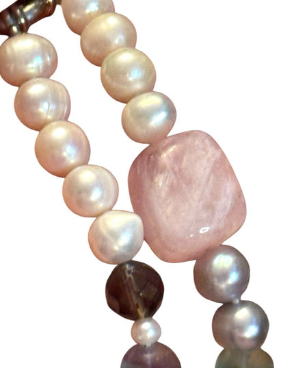 Elegant FW Pearl Rose Quartz Fluorite Cryetal Multicolor Beaded Necklace