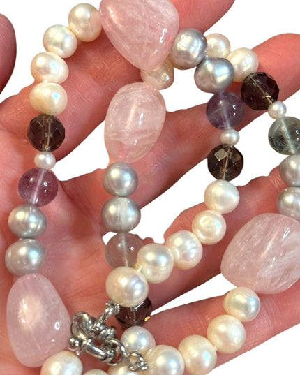 Elegant FW Pearl Rose Quartz Fluorite Cryetal Multicolor Beaded Necklace