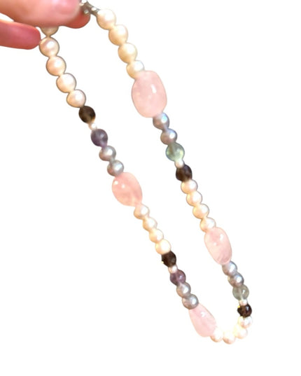 Elegant FW Pearl Rose Quartz Fluorite Cryetal Multicolor Beaded Necklace