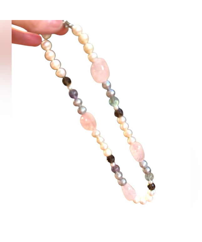 Elegant FW Pearl Rose Quartz Fluorite Cryetal Multicolor Beaded Necklace