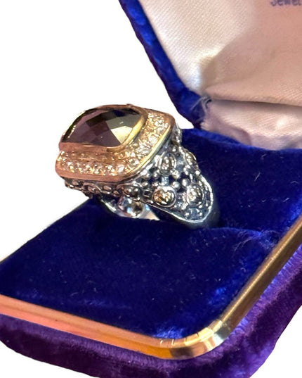Elegant Black Stone 925 Sterling silver scroll work statement Ring  Crystal