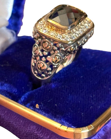 Elegant Black Stone 925 Sterling silver scroll work statement Ring  Crystal