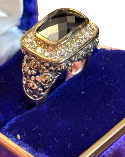 Elegant Black Stone 925 Sterling silver scroll work statement Ring  Crystal