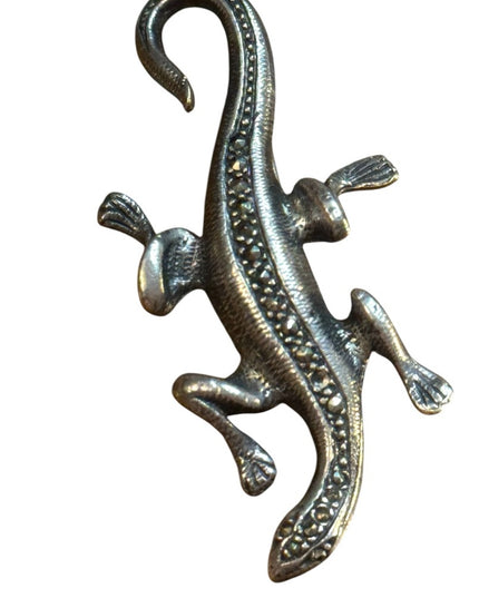 Sterling 925 Silver Metal Lizard Marcasite antiqued Brooch