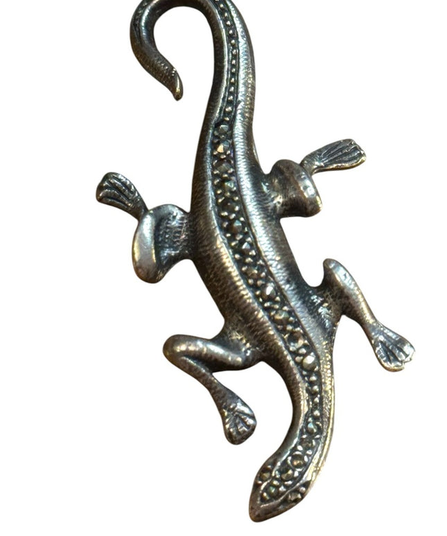 Sterling 925 Silver Metal Lizard Marcasite antiqued Brooch