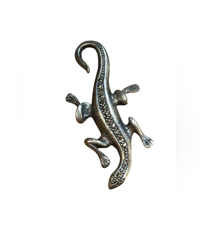 Sterling 925 Silver Metal Lizard Marcasite antiqued Brooch