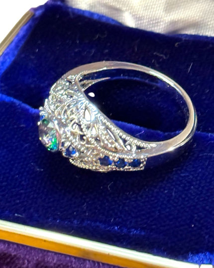 Elegant Rhodium plated Silver Blue  Crystal Ring
