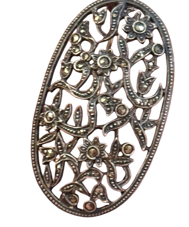 Vintage Sterling Silver 925 LCD Floral Marcasite ovale floral Brooch