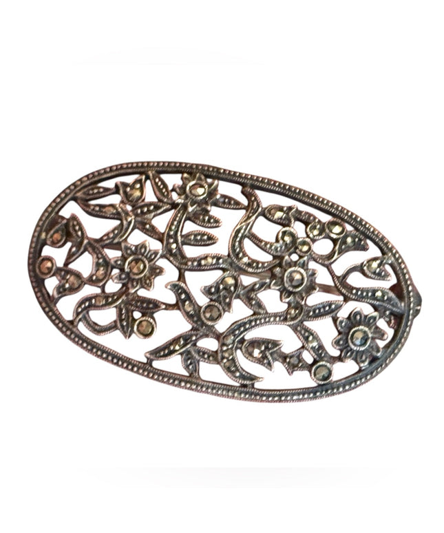 Vintage Sterling Silver 925 LCD Floral Marcasite ovale floral Brooch
