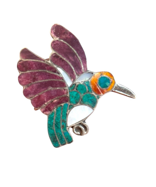 Vintage Colorful Mosaic Stone inlay 925 Sterling Silver Bird Brooch pendant