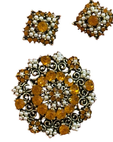Elegant Vintage Amber Crystal and Pearl Jewelry Set Brooch earrings 1960s