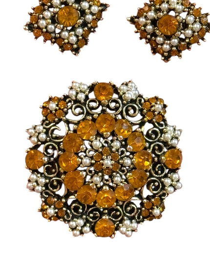 Elegant Vintage Amber Crystal and Pearl Jewelry Set Brooch earrings 1960s