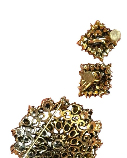 Elegant Vintage Amber Crystal and Pearl Jewelry Set Brooch earrings 1960s