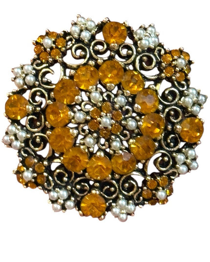 Elegant Vintage Amber Crystal and Pearl Jewelry Set Brooch earrings 1960s