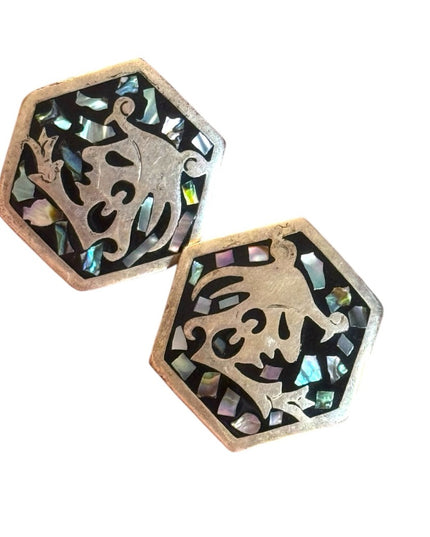 Vintage Hexagon Mexico Alpaca Abalone Aztec Inlay Clip on Earrings