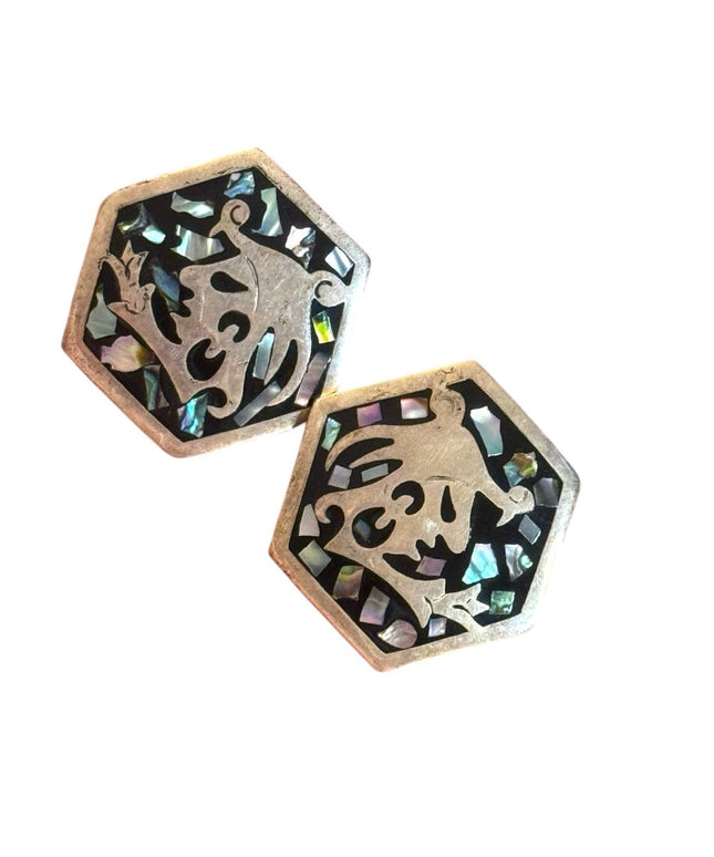 Vintage Hexagon Mexico Alpaca Abalone Aztec Inlay Clip on Earrings
