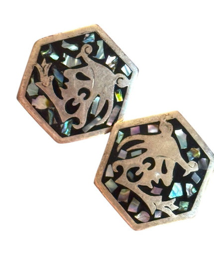 Vintage Hexagon Mexico Alpaca Abalone Aztec Inlay Clip on Earrings