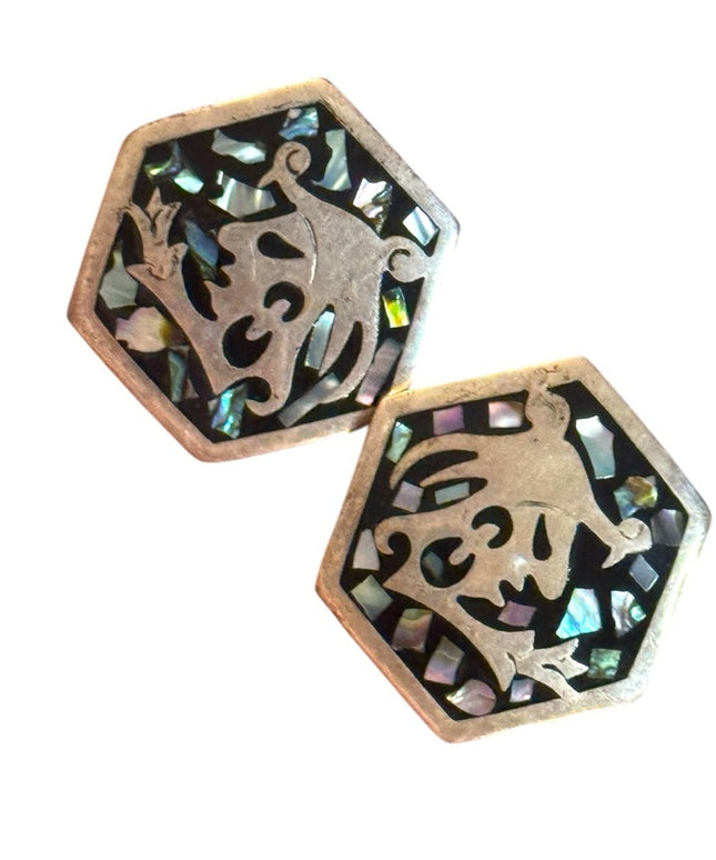 Vintage Hexagon Mexico Alpaca Abalone Aztec Inlay Clip on Earrings