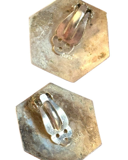Vintage Hexagon Mexico Alpaca Abalone Aztec Inlay Clip on Earrings