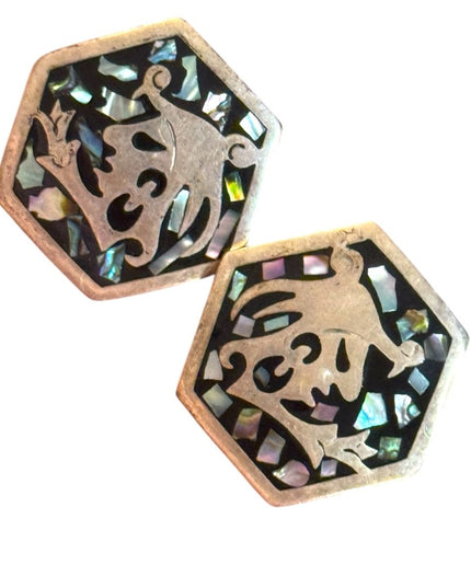 Vintage Hexagon Mexico Alpaca Abalone Aztec Inlay Clip on Earrings