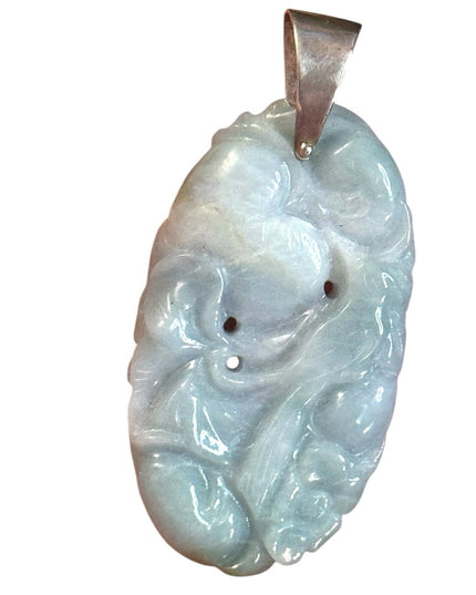 Vintage Blue Jadeite Carved floral Oval Flower pendant