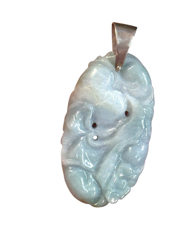 Vintage Blue Jadeite Carved floral Oval Flower pendant