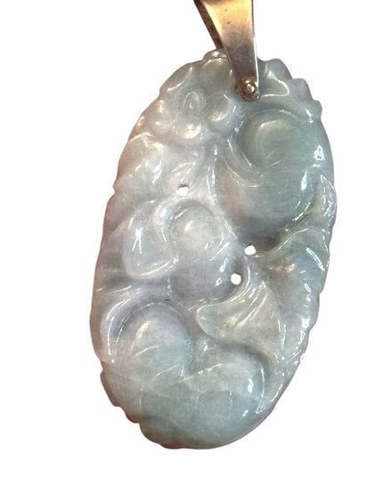 Vintage Blue Jadeite Carved floral Oval Flower pendant