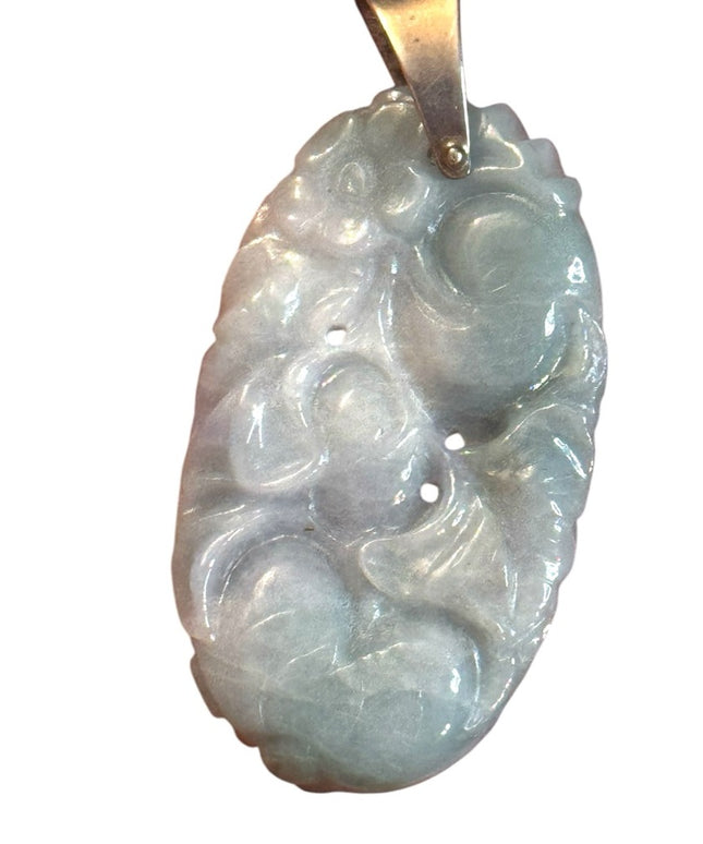Vintage Blue Jadeite Carved floral Oval Flower pendant