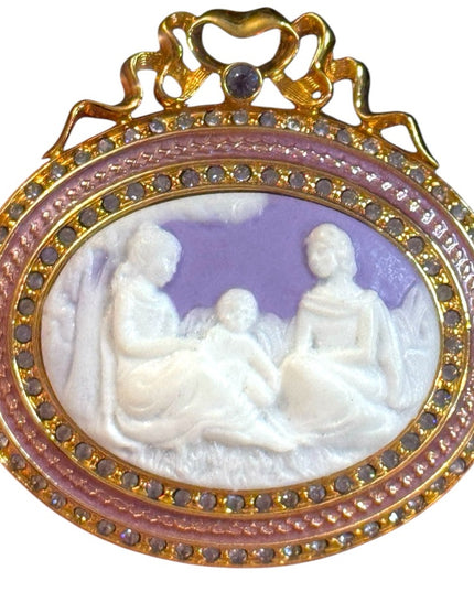 Lovely Joan Rivers  Purple resin  & cryetal Gold Roman scene Cameo Brooch LG