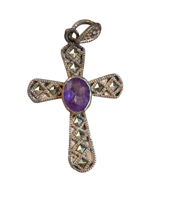 Elegant Vintage sterling silver 925 Marcasite Purple amethyst Cross Pendant