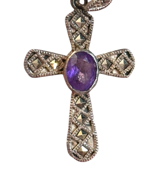 Elegant Vintage sterling silver 925 Marcasite Purple amethyst Cross Pendant