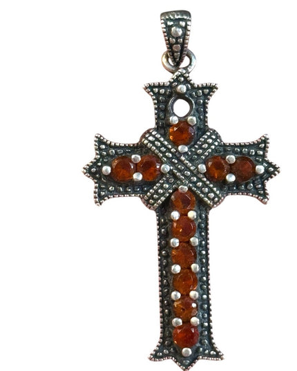 Elegant Vintage Sterling Silver 925 antiqued Fancy  Garnet Cross Pendant