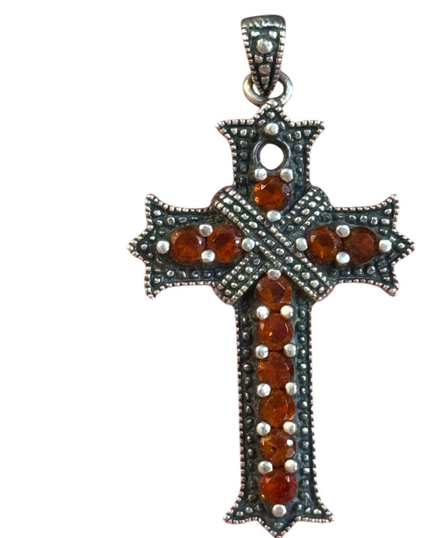 Elegant Vintage Sterling Silver 925 antiqued Fancy  Garnet Cross Pendant