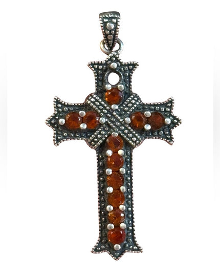 Elegant Vintage Sterling Silver 925 antiqued Fancy  Garnet Cross Pendant