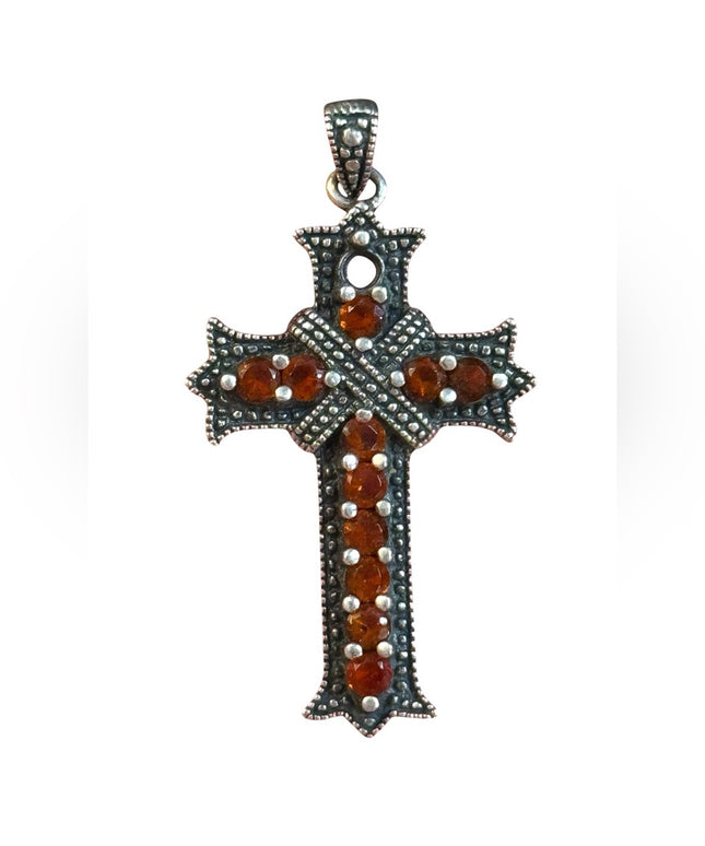 Elegant Vintage Sterling Silver 925 antiqued Fancy  Garnet Cross Pendant