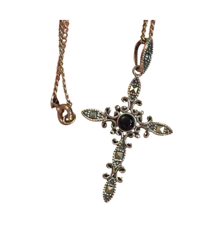 Elegant CW 925  Black Onyx Cross Pendant Necklace