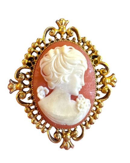 Vintage Cameo locket perfume Brooch AVON Gold antiqued finish resin brioch