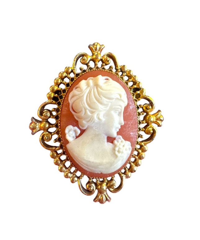 Vintage Cameo locket perfume Brooch AVON Gold antiqued finish resin brioch