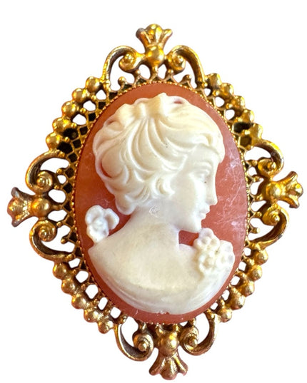 Vintage Cameo locket perfume Brooch AVON Gold antiqued finish resin brioch