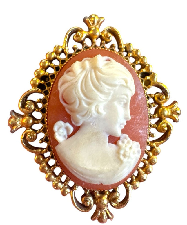 Vintage Cameo locket perfume Brooch AVON Gold antiqued finish resin brioch