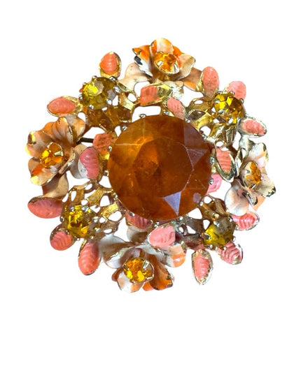 Vintage Austria Cryetal painted Floral Brooch Amber Crystal Gem 1960s