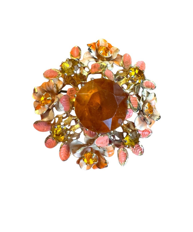 Vintage Austria Cryetal painted Floral Brooch Amber Crystal Gem 1960s