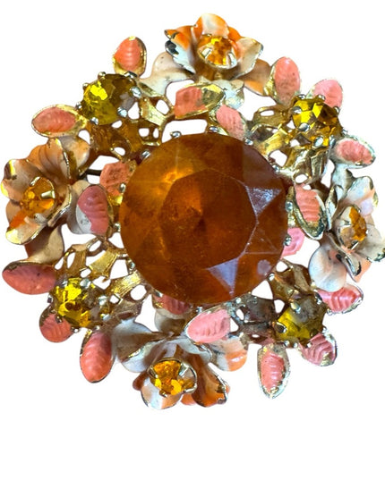 Vintage Austria Cryetal painted Floral Brooch Amber Crystal Gem 1960s