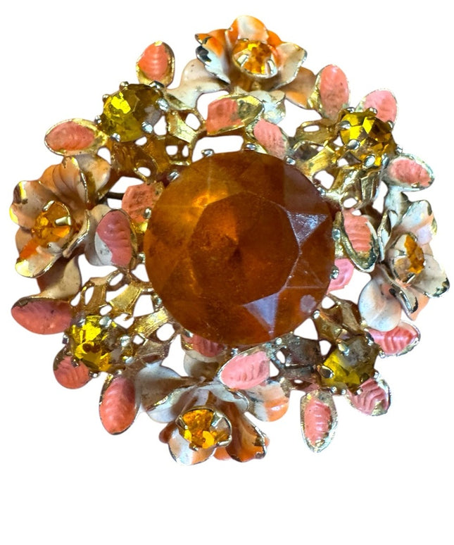 Vintage Austria Cryetal painted Floral Brooch Amber Crystal Gem 1960s