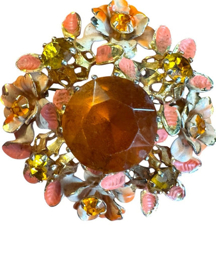 Vintage Austria Cryetal painted Floral Brooch Amber Crystal Gem 1960s