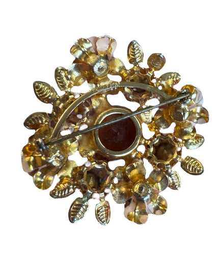 Vintage Austria Cryetal painted Floral Brooch Amber Crystal Gem 1960s