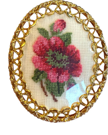Vintage Petite point Handmade  Floral Brooch with Gold Frame Pendant